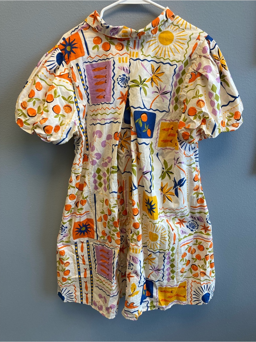 MSK Novelty Coast Postcard Print Mini Dress Short Puff Sleeve Cotton, Sz XL - Picture 2 of 6